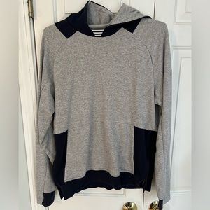 Adidas men’s hoodie, lightweight gray and navy, size M. Side zip slits. EUC